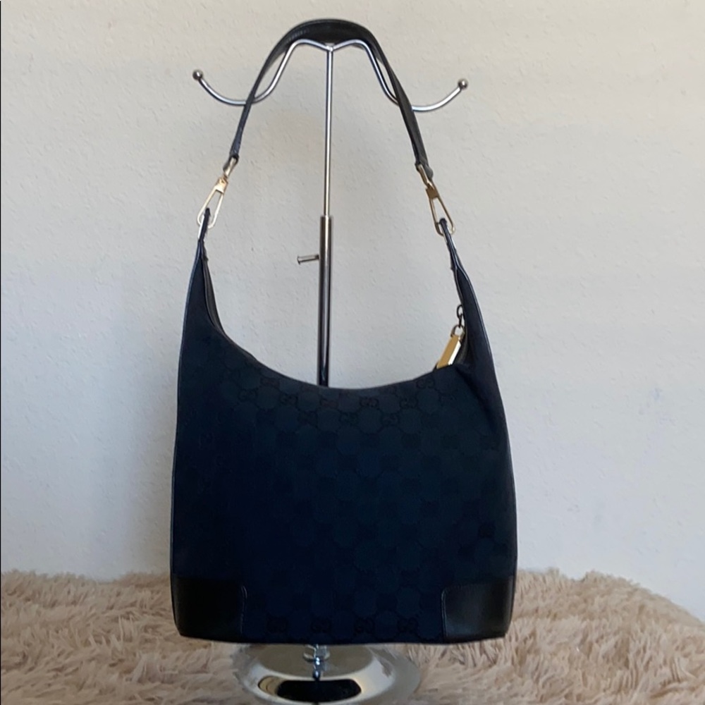 Auth Gucci Small Black Monogram Canvas Clasp Hobo